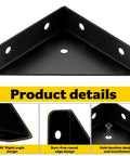 Beefy Heavy Duty Metal Corner Brackets for Wood with 90° angle, burr-free edges, and hole locations shown, black finish.