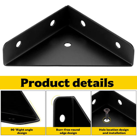 Beefy Heavy Duty Metal Corner Brackets for Wood with 90° angle, burr-free edges, and hole locations shown, black finish.