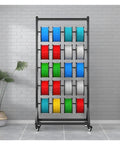 Heavy Duty Five Tier Rolling Wire Spool Rack For 3D Printer Filament Organizer With Slick Rollers Shop Storage Solution Keeps Your Workspace Legit And Hassle Free In Matte Black with colorful spools arranged.