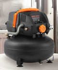 6 Gallon Pancake Air Compressor With 1.7HP Oil Free Motor 2.3CFM At 90 PSI And 1.94CFM At 120 PSI 150 PSI max, black and orange design