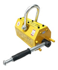 Hardcore Heavy Duty Magnetic Lifter With Sure Grip Release Handle And 2200 Lbs Capacity, yellow steel hoisting tool side view.