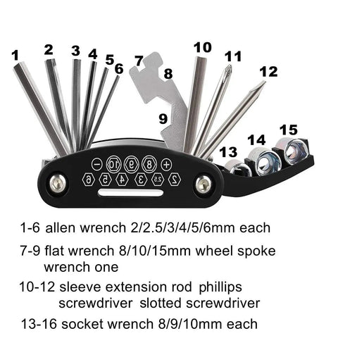 Grab-and-Go Bike Repair Kit With Blue Mini Tire Pump and 11-In-1 Tool showing allen, flat, socket wrenches, screwdrivers