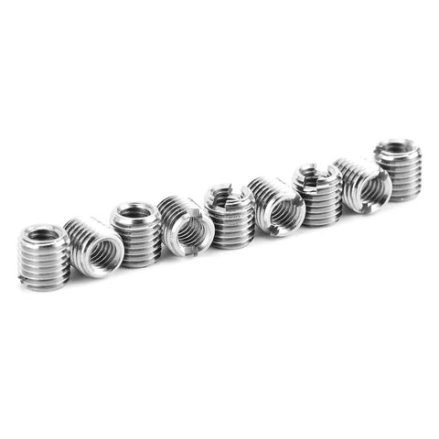 Threaded sleeve inserts, 10 pcs, silver metal with external threads.