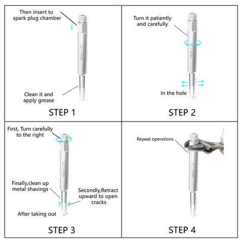 DPTOOL 14mm back-tap spark plug thread repair tool, M14x1.25, steel, 5.27in, four-step usage diagram