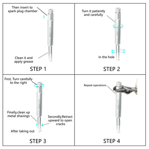 Instruction steps for using Must Have 14mm Back Tap Spark Plug Thread Repair Tool M14x1.25 Thread Chase Tap Kit 2 Pack.