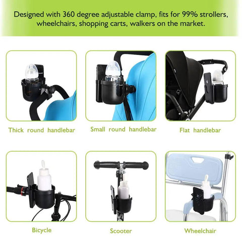 2 In 1 Stroller Cup Holder With Phone Mount Universal Cup Holder For Strollers Bikes Wheelchairs And More Keeps Drinks Secured And Your Phone Handy Fits Uppababy Doona Nuna Strollers And Most Handle Bars in various setups