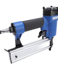 Killer 18 Gauge Pneumatic Brad Nailer Air Powered Nail Gun With Ergonomic Handle, blue metal frame for cabinets and furniture projects.