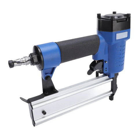 Heavy Duty Pneumatic Brad Nailer With Kickass Aluminum Build And Smooth Air Powered Operation For 10 To 50mm Fasteners, blue handle and aluminum base.