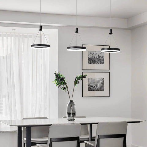 Dimmable LED Pendant Light For Kitchen Island And Dining Room With 59 Inch Adjustable Cord 15W Black One Ring Chandelier