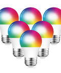 Smart A15 LED Bulbs 6W 40W Equivalent RGB Color Changing Dimmable With E26 Base 2.4GHz WiFi Bluetooth Works With Alexa And Google Home 500 Lumen Pack Of 6 displayed in a row