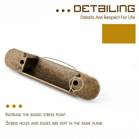 Back view of a 4 pack antique zinc alloy cabinet pull with 3 inch hole centers in brass finish, showing screw hole details