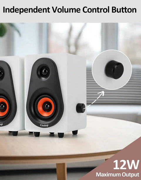 White USB Powered Computer Speakers With Built In Audio Output For Crisp Digital Sound showing volume control button
