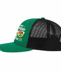 Side view of green Birthday Cruise 2026 Mens Humor Trucker Hat for running and golf with mesh back and printed front panel.