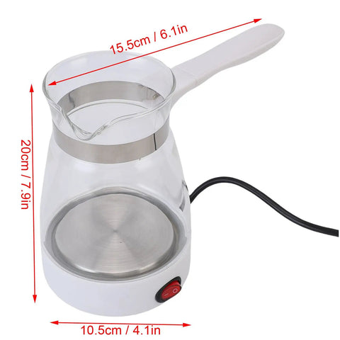Electric Turkish Coffee Pot 600ML Quick Heat Coffee Maker With Glass Carafe 600W For Turkish Coffee And Tea US Plug Yellow Finish Brew Like A Boss At Home, featuring a transparent glass carafe, side switch, and measurement labels.