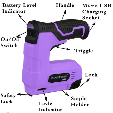 Purple Cordless Staple Gun And Brad Nailer 4V Rechargeable USB Power Includes 1500 Staples And 1500 Brad Nails LED Level Indicator