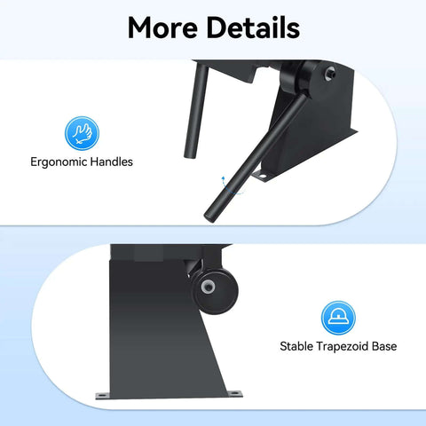 Close-up of ergonomic handles and stable trapezoid base on the 24 Inch Pan And Box Metal Brake 20 Gauge Capacity With 0 To 135 Degree Bending Floor Standing Sheet Metal Bender For Carbon Steel Copper Aluminum Removable Fingers For Easy Bends Pro Grade Workhorse For Home Shop.