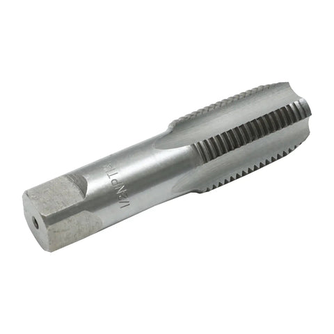 One Half Inch NPT Pipe Tap Carbon Steel Pipe Threading Tool showing precision-ground threads for industrial use