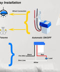 Diagram showing easy installation of 2 Pack 12V AC DC Auto On Off Photocell Light Switches Dusk To Dawn Sensor with wiring connections