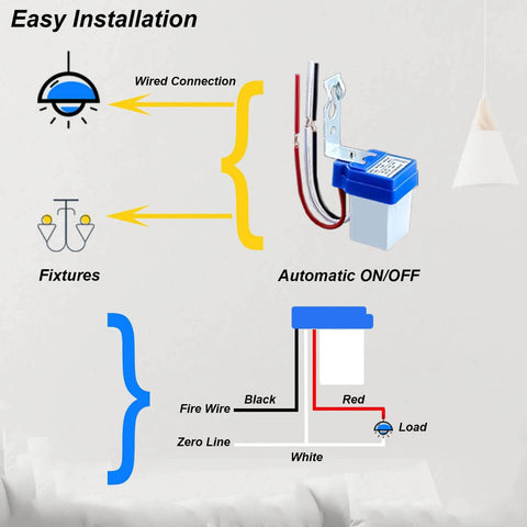 Diagram showing easy installation of 2 Pack 12V AC DC Auto On Off Photocell Light Switches Dusk To Dawn Sensor with wiring connections