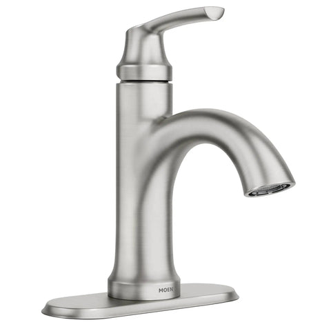 Wellton No-Fuss One-Handle Bathroom Faucet In Spot Resist Brushed Nickel with deck plate, side view