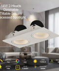 Dimmable Recessed LED Light Fixture With 2 Heads, Canless Gimbal 14W in white ceiling spotlight in a modern living room.