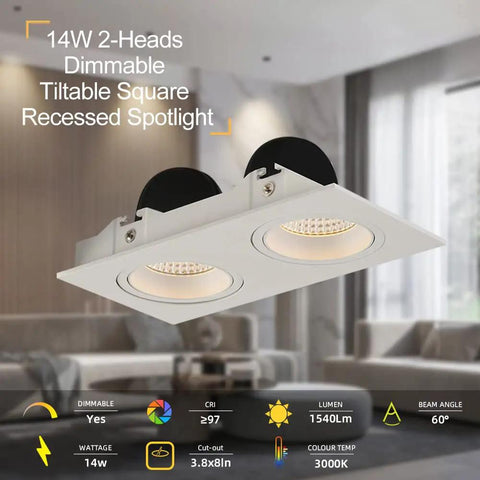 Dimmable Recessed LED Light Fixture With 2 Heads, Canless Gimbal 14W in white ceiling spotlight in a modern living room.
