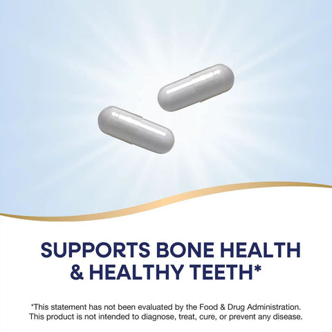 Two capsules of Calcium Citrate Complex Supplement With Citrate Malate And Carbonate For Bone And Muscle Support 500 Mg Per Serving 250 Capsules Gluten Free And Dairy Free And Soy Free on a light background.