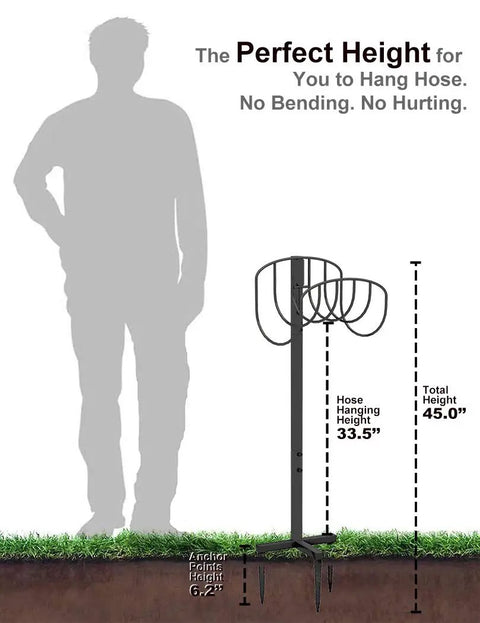 Freestanding Garden Hose Holder And Organizer Stand For Outdoor Use, Heavy Duty Metal Caddy, shown with height comparison