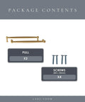 Haywood 10 Pack Brushed Brass Cabinet Pulls 7.5 Inch 192mm Gold Handles Solid Zinc Alloy package contents, pulls and screws