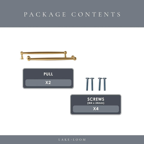 Haywood 10 Pack Brushed Brass Cabinet Pulls 7.5 Inch 192mm Gold Handles Solid Zinc Alloy package contents, pulls and screws