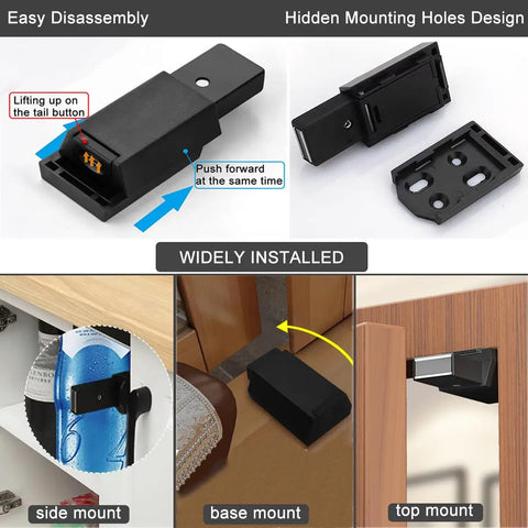 Magnetic Push to Open Cabinet Hardware Heavy Duty Push Latch and Lock for Hidden Doors in black, shown in top mount installation.