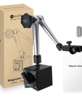 Magnetic Base Stand For Digital Dial Indicator Gauge With On Off Control, silver finish, arm, and packaging displayed