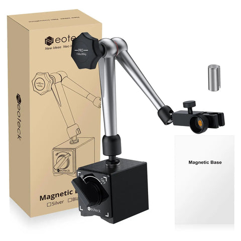 Magnetic Base Stand For Digital Dial Indicator Gauge With On Off Control, silver finish, arm, and packaging displayed