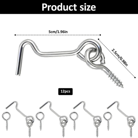 Heavy Duty 2 Inch Cabin Hook And Eye Latch 12 Pack Tough As Nails Zinc Plated Steel Hardware For Wood Gates Doors Cabinets Rust Proof Easy Install Secure Lockup With Screws product size, showing dimensions and 12 pieces of latch hardware.