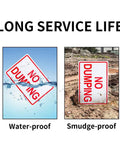 Heavy Duty Aluminum No Dumping Signs Two Pack showcasing waterproof and smudge-proof features in outdoor settings.