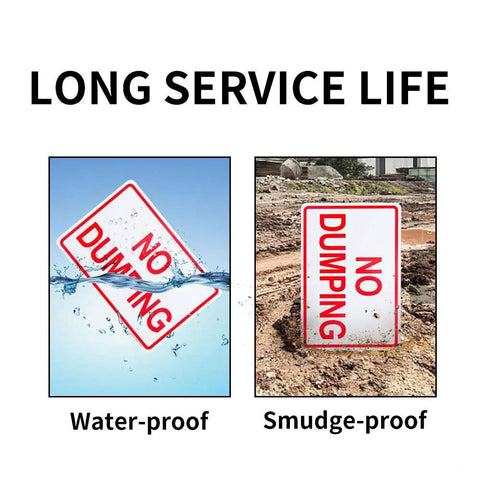 Heavy Duty Aluminum No Dumping Signs Two Pack showcasing waterproof and smudge-proof features in outdoor settings.