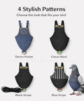 Indoor Pigeon Harness Kit With Reusable Diaper Pants And Flight Training Leash, 4 stylish patterns displayed with a pigeon.
