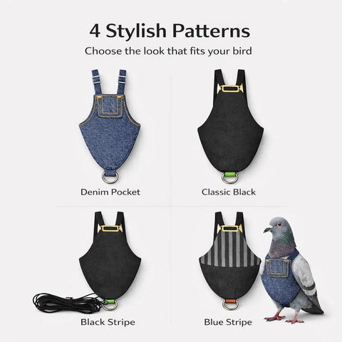 Indoor Pigeon Harness Kit With Reusable Diaper Pants And Flight Training Leash, 4 stylish patterns displayed with a pigeon.