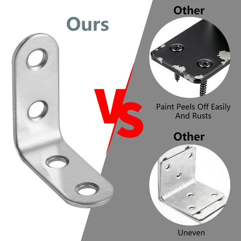 Comparison of 24 Pack Heavy Duty L Brackets With Screws Rust Resistant Stainless Steel Corner Brace against inferior brackets.