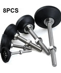 Eight Piece Adjustable Furniture Leveling Feet With Swivel Articulating Legs And Rigid Antislip Cushion Bottoms For No Sweat Setup and Dead Set Stable Room Arrangements - 8pcs set with metallic screws and black rubber bottoms.