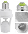 Auto On Off PIR Motion Sensor Light Socket For E27 Bulbs With 360 Degree Detection And Adjustable Sensitivity Infrared Lamp Holder For Bathroom Hallways Stairs Doors And Garage No Fuss Setup, white plastic E27 socket with motion sensor