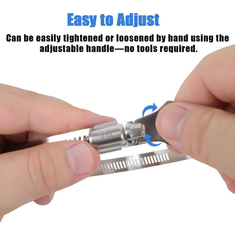 Close-up of hand adjusting Hose Clamp Set Stainless Steel Adjustable Five Pack For Five And A Half To Six And A Half Inch Range Worm Gear.