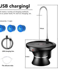 Diagram showing USB rechargeable 5 Gallon Water Dispenser Pump with Tray, demonstrating components and dimensions, BPA Free.