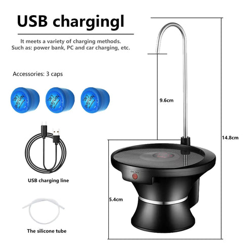 Diagram showing USB rechargeable 5 Gallon Water Dispenser Pump with Tray, demonstrating components and dimensions, BPA Free.