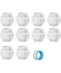 Ten Three Quarter Inch PVC Union Couplings With EPDM O Rings and sealing tape for pool pumps, irrigation, and plumbing maintenance.