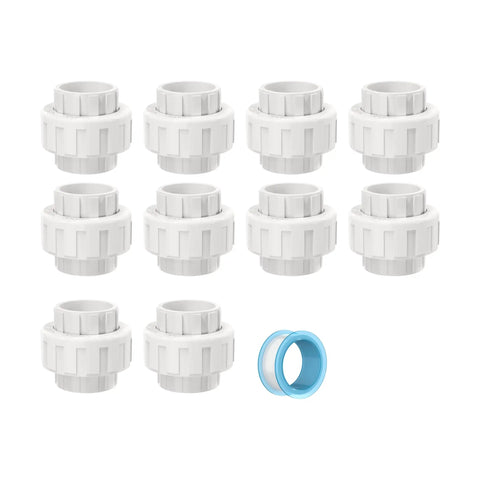 Ten Three Quarter Inch PVC Union Couplings With EPDM O Rings and sealing tape for pool pumps, irrigation, and plumbing maintenance.