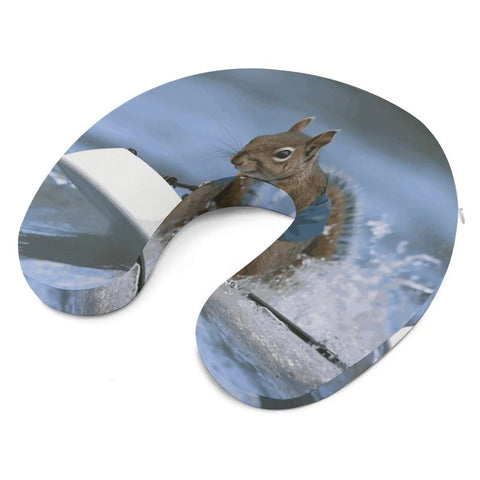 Water Skiing Squirrel Travel Pillow U Shaped Neck Support Pillow with blue squirrel design and enlarged sides