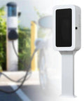 Flat Out Durable Outdoor EV Charger Lock Box Weatherproof Storage Cabinet With Smart Cable Routing For Tesla And Home EV Plugs Hella Secure Fingerprint Access In Crisp White mounted outdoors with EV charger in background.