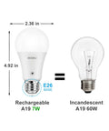 Comparison between Rechargeable LED Light Bulb With Battery Backup And Remote Control and traditional incandescent bulb, size and wattage shown.