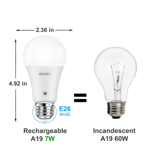 Comparison between Rechargeable LED Light Bulb With Battery Backup And Remote Control and traditional incandescent bulb, size and wattage shown.